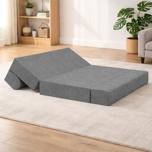 Image of Foldable Three Seater Sofa Bed 5 X 6 Ft Jute Fabric Washable Cover Sofa Cum Bed with Cushions Convertible Sofa Bed for Home (Grey Color - Pre-Assembled)