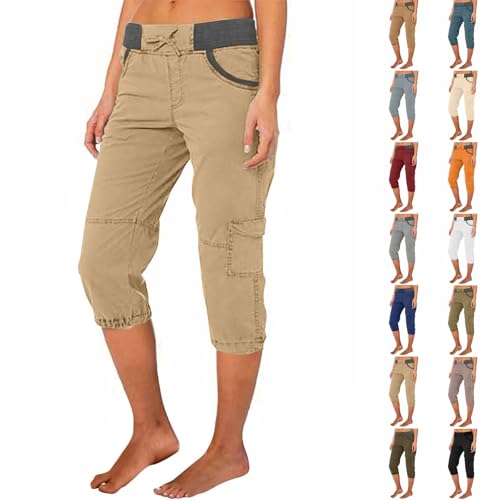 Pantalones cargo para mujer, de algodón y lino, pantalones capri con cordón, cintura baja, pierna recta, holgados, cómodos, pantalones de 3/4 de longitud, transpirables, ligeros, para senderismo