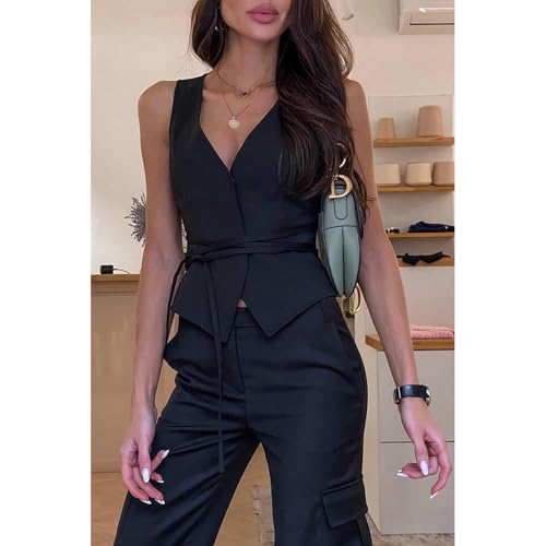 Women Sleeveless V Neck Blazer Vest Lace Up Button Down Suit Jacket Waistcoat Business Casual Tops2
