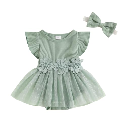 Image of Newborn Baby Girl Summer Dress Ruffle Sleeveless Floral Embroidery Romper Dress Headband Beautiful Clothes Set