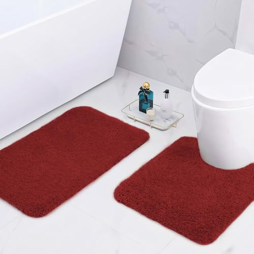 wyewye Mikrofaser-Badematten, 2 cm super dicke Badteppiche, super saugfähige Badezimmerteppiche 50x80 cm und 50x50 cm U-Form, Rot – Ansicht 1