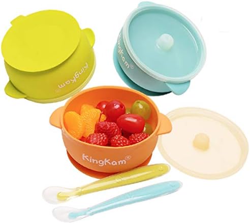 KingKam Baby Bowls and Spoons, Suction Bowls for Baby, Toddler Self-Feeding Set, Leak-Proof Silicone Bowl with Lid, Dishwasher & Microwave Safe