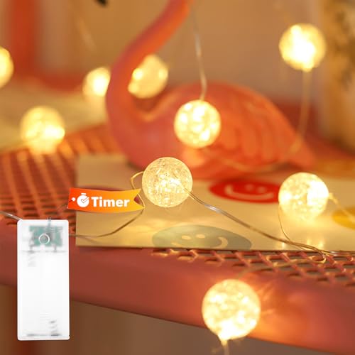 Kaleora LED Lichterkette Kristallkugeln mit Timer 1M 10 LED Crackle-Perlen Lichterkette Batteriebetrieben Lichterketten Kristall Kugeln für Innen Hochzeit Weihnachten Valentinstag Party Warmweiß