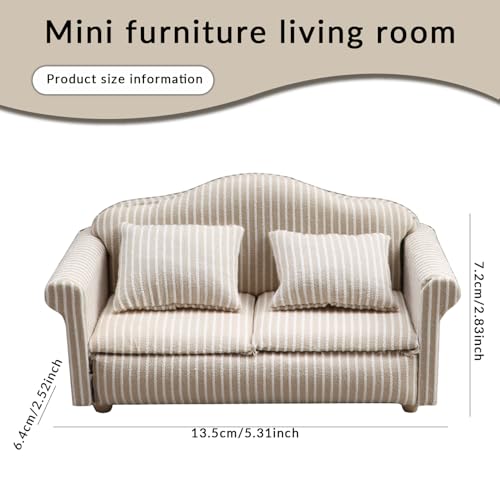 Canapé double de maison de poupée avec chaise miniature à rayures beiges - 2