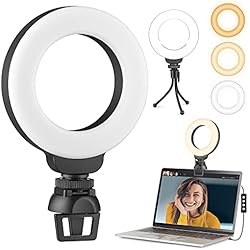 Tripode Para Camara Con Aro De Luz Anillo de Luz Videoconferencia, 4´´ Aro de Luz con Trípode y Clip para Laptops, Webcam, Cámaras y Teléfonos Móviles, 3 Modos de Iluminación y 10 Brillos
