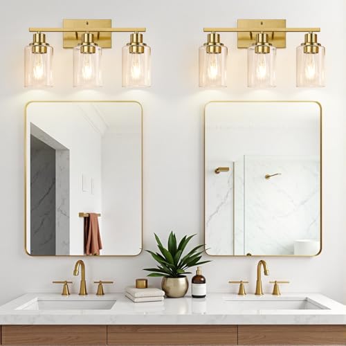 Image of Indoi 3-Light Vanity Lights with Clear Glass Shades, Brushed Gold Bathroom Light Fixtures Over Mirror, Modern Bathroom Wall Lamp for Mirror Living Room Cabinet Bedroom Porch