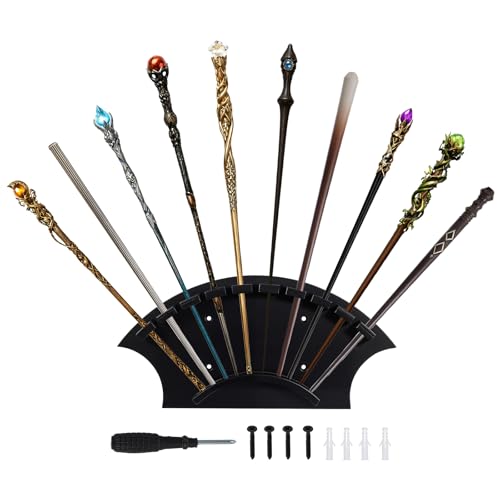 Otoolling 1 Pcs Wand Holders Wall Mount for 10 Wands Wood Magic Wand Display Stand Holder Black Wall Mounted Bracket Decor for Collectors and Enthusiasts Living Room Bedroom and Office
