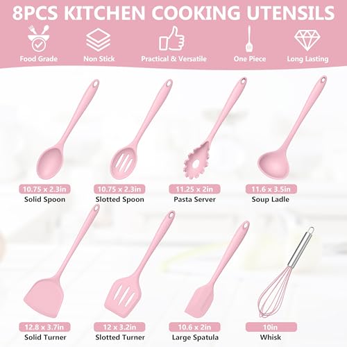 TeamFar 8 PCS Silicone Cooking Utensils - 446°F Heat Resistant Kitchen Silicon Utensils Set, Turner, Spatula, Spoon, Whisk, Kitchen Cooking Gadgets Tools for Nonstick Cookware, Dishwasher Safe-Pink by TeamFar - Image 2