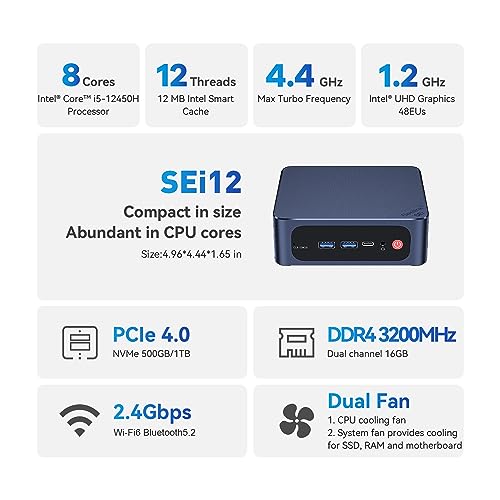 Image of Beelink SEi12 Mini PC, Intel Core i5 12450H(8C /12T, Up to 4.4GHz), 16GB DDR4 3200MHz 500GB PCle4.0 SSD, Mini Computer Dual Display 4K, Dual Gigabit LAN, WiFi6 /BT5.2