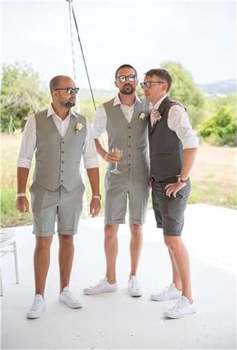 Linen Shorts Vest Set Men Suits Summer Beach Mens Wedding Grooms3