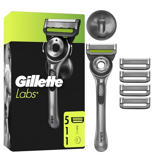GilletteLabs Maquinilla De Afeitar Con Barra Exfoliante Integrada, 1 Mango, 5 Cuchillas De Recambio Con Banda Lubricante, 1 Estuche De Viaje, 1 Colgador De Pared