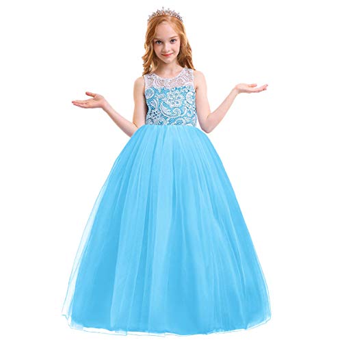 Vestido largo de gala infantil en tul azul celeste con acabado de costura fina para desfiles
