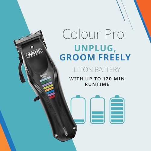 WAHL Animal Color Pro, Wiederaufladbare Tierschermaschine, Schermaschinen mit farbcodierten Aufsteckkämmen, Vollhaarpflege für Hunde, geräuscharm, Netz Akkubetriebene Schermaschinen für Hunde, schwarz