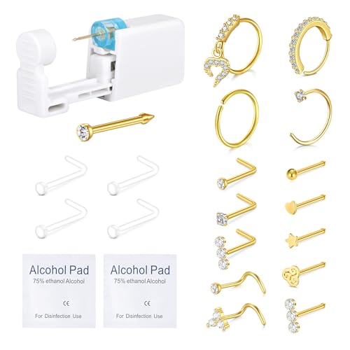 QWALIT Gold Nose Piercing Kit with Disposable Gun and Rings