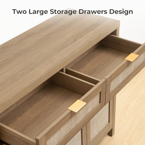 SICOTAS Rattan Sideboard Buffet Cabinet with Storage, Boho Credenza Accent Cabinet with 3 Doors and 2 Drawers, Farmhouse Console Coffee Bar for Kitchen, Living Room, and Entryway, Caramel Oak - Image 5