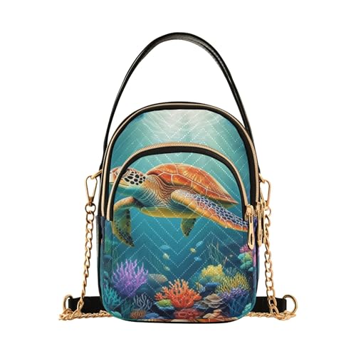 Woman Shoulder Handbag Underwater Ocean Scene Sea Turtle Quilted Phone Wallet Chain Strap Purse Cute Designer Clutch Ladies Zipper Tote, 5.9
