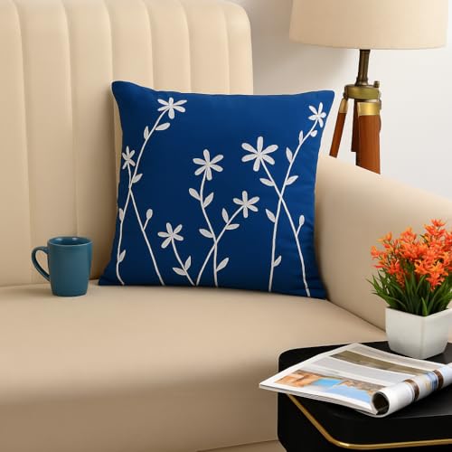 Image of Sofa Cushion Cover Cotton for Living Room Couch Soft Pillow Cover (Royal Blue /White Leaf, 16 inch x 16 inch)