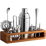 Modern Mixology 21-Piece Cocktail Shaker Set with Stand | Complete Cocktail Kit Gift Set | Top Bartender Gifts for Men & Women | Portable Bar Tools (Silver, Brown Stand)