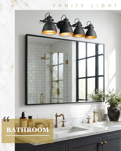 Image of 4-Light Black Bathroom Vanity Light Over Mirror, Metal Shade