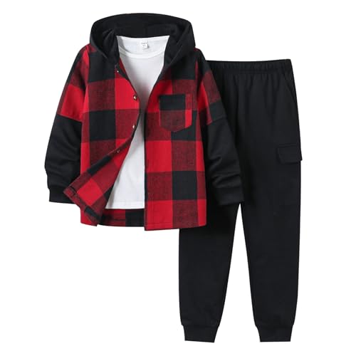 Image of 2Pcs Boys Clothes Sweatsuit Set Hoodie Flannel Plaid Shirt and Jogger Pants for Kids Fall Winter Spring Outfits