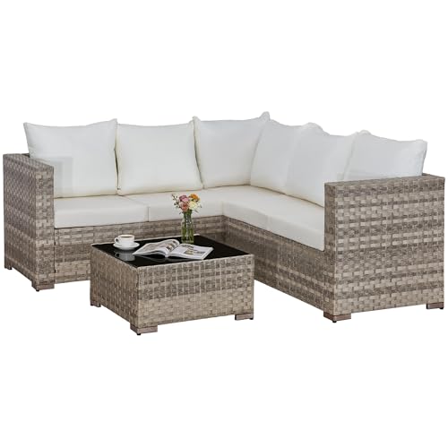 AOUXIN 5 Seater Rattan Garden Furniture Set, Rattan Corner Sofa Set Patio Sofa with Glass Table (Beige)
