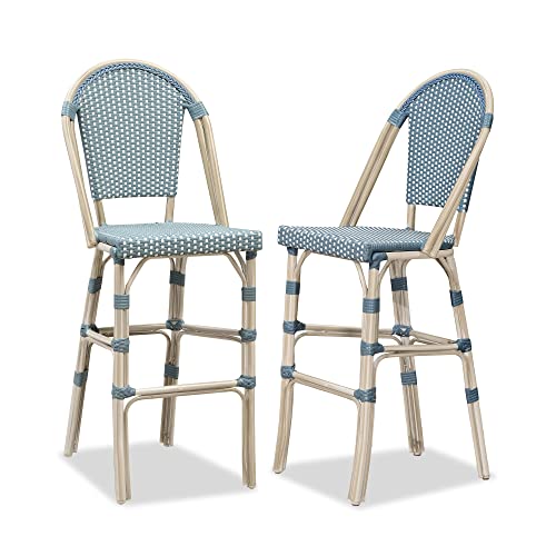 Image of PURPLE LEAF French Bar Stool Set of 2 White Print Finish Patio Bar Stools with Back Rattan Chairs Wicker Bar Height Stool 30 inch with Footrest Kitchen Island Stools Outdoor Barstool Light Blue