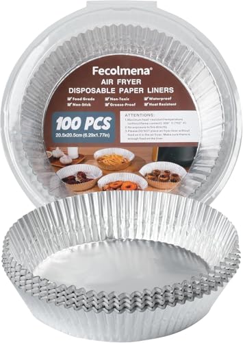 Fecolmena Papel Freidora Aire, 100PCS Papel Air Fryer Hojas Redondas de Aluminio Desechables Material Seguro para el Contacto Alimentos y Resistente a Altas Temperaturas para Freidora Aire y Horno