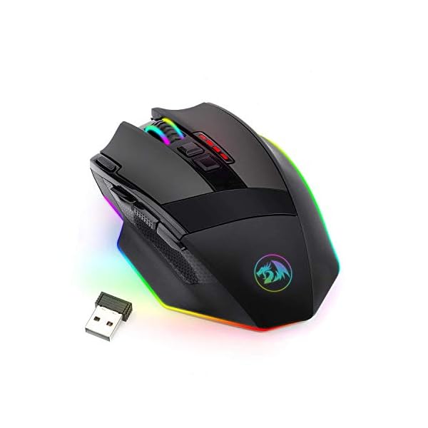 Redragon M801 Gaming Mouse LED RGB Backlit MMO 9 Programmable Buttons Mouse with Macro Recording Side Buttons Rapid Fire Button 16000 DPI for Windows PC Gamer (Wireless, Black)