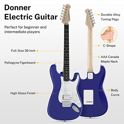 Donner Dst-100L 39 Inch Electric Guitar Beginner Kit Solid Body Full Size Puple Sapphire Blue Hss Pick Up For Starter & Donner Guitar Cable 10 Ft 2 Pack #TOP1