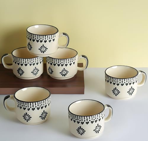 Image of Classyo Ceramic Tea Cup Set of 6 for Tea, Microwave and Dishwasher Safe, Capacity - 220ml Each (Gray Floral)