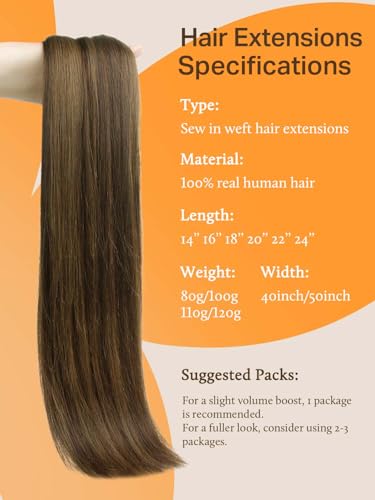 Image of DOORES Weft Hair Extensions Human Hair, 22 Inch 110g Balayage Light Brown to Light Chocolate Brown and Light Chestnut Brown, Sew In Real Hair Extensions for Women