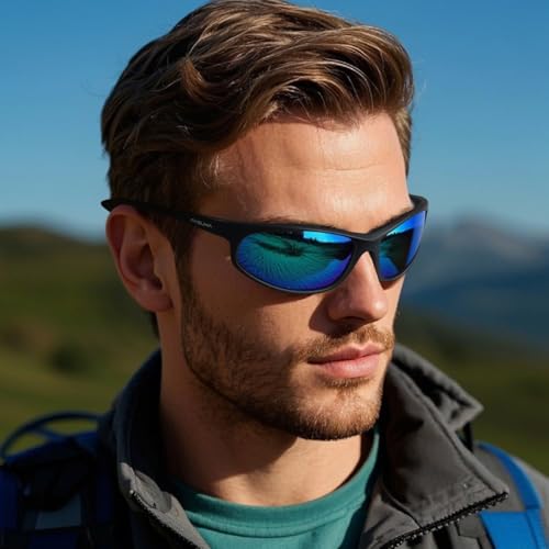 Image of FAGUMA Polarized Sports Sunglasses For Men Cycling Driving Fishing UV400 Protection, Matte Black Frame /Blue Mirrored Lens, Standard