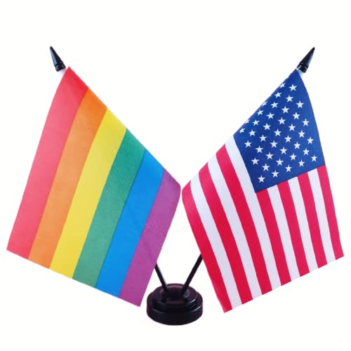 Zigvert America & Rainbow Desk Flag, Us Gay Pride Flags Table Flags, 8 X 5 Inches American & Rainbow Deluxe Desk Flag Set - Miniature Usa & Rainbow Stick Flag With Flag Stand #TOP12