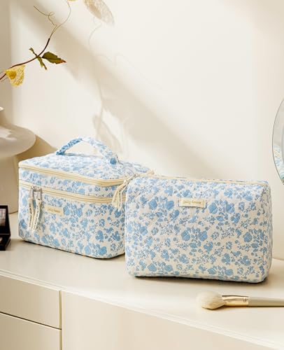 HBselect 2Pcs Travel Makeup Bag, Large Cotton Quilted Makeup Bag Cosmetic Bag Cute Make up Bag Toiletry Bags for Women Girls4