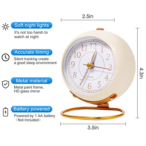 Desk Alarm Clocks, Bedroom Battery Powered Round Clock,Super Silent Non Ticking, Analog Alarm Clocks With Night Light, Metallic Lacquer Frame, Hd Glass Mirror, Suitable For Home Bedroom Decor - White #TOP1