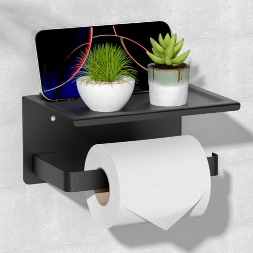 HITSLAM Toilet Paper Holder with Phone Shelf Matte Black, Adhesive or Screw Wall Mount Toilet Paper Roll Holder, Rustproof Stainless Steel Toilet Tissue Holder for Bathroom, Kitchen