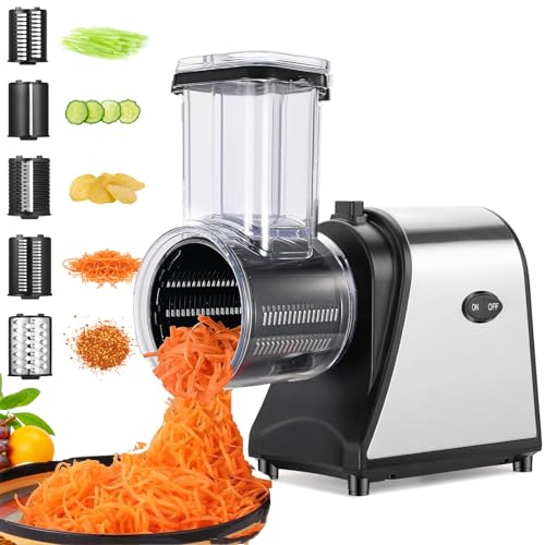 Electric Cheese Grater/shredder, 250W Electric Slicer Grater Salad Maker with 5 Free Attachments Electric Salad Machine for Fruits, Cheeses, Extra large feed port Upgraded