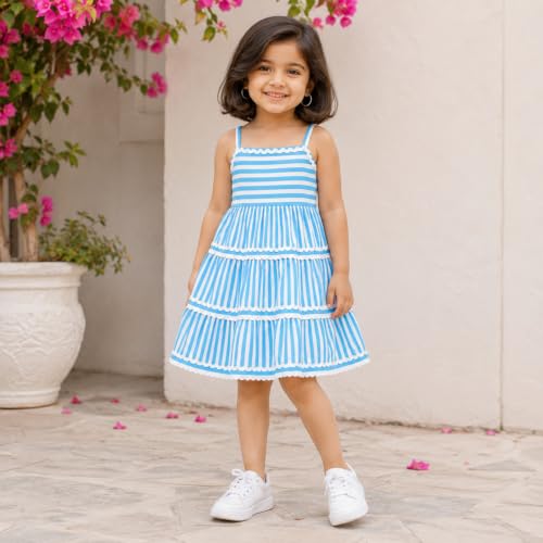 Image of The Magic Wand Kids Girls Printed Cotton Summer Dresses, Knee Length Sleeveless Casual Western Stylish One Piece Fit & Flared Frock for Beach & Vacations
