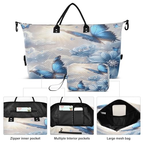 Weekender Bags Travel Duffel Gym Bag Blue Butterflies Flower Carry on Overnight Tote Bag with Toiletry Bag for Airplane Travel Trip Gym Yoga2