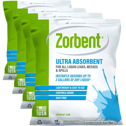 Zorbent Liquid Spill Cleanup 10 Quart Bag | 16X More Absorbent for Grease, Oil, Blood – Reusable for Floor, Carpet, Pet Accident, or Biohazard Mess – Fast Acting, Lightweight, Non-Toxic (Pack of 4)
