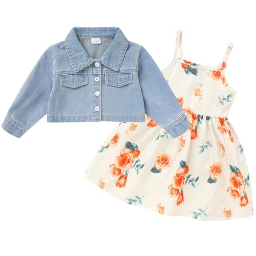 Image of Baby Girls Floral Suspender Dress & Long-Sleeved Toddler Girl's Lovely Denim Jacket Outfit Cardigan Set
