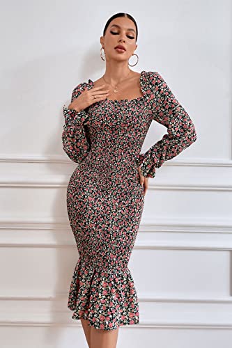 Image of PRETTYGARDEN Women's Long Puff Sleeve Floral Midi Bodycon Dresses Square Neck Ruffle Mermaid Smocked Dress