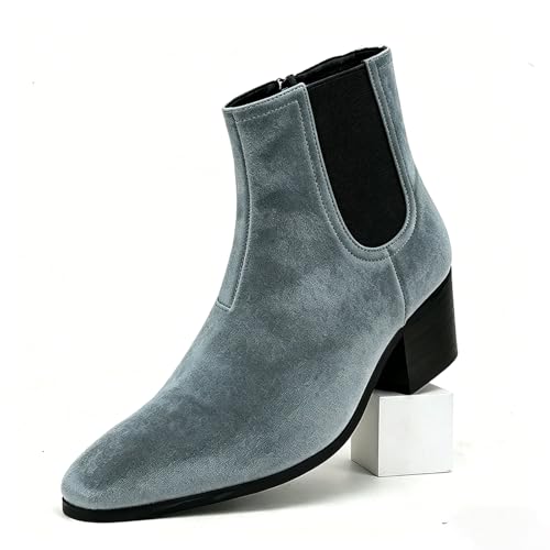 Image of Men'S Classic Leather Chunky Heel Chelsea Boots With Side Zipper Fashion Pointed Toe Elastic Band High Top Block High Heel Formal Chukka Booties For Casual Business Party Wedding