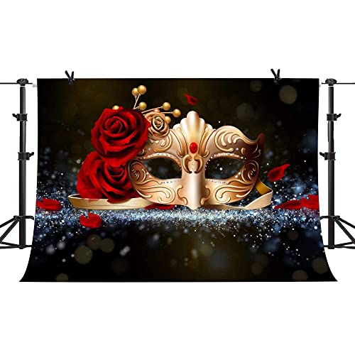 Fondo fotográfico vinilo 7x5ft máscara dorada y rosa roja miniatura 3