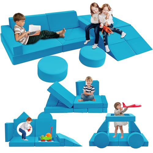 Image of Tykacna 18pcs Kids Couch Building Fort, Modular Kids Play Couch, Convertible Foam Play Sofa for Toddler and Baby Playroom, Fold Out Couch Sectional Play Set for Creative Girls Boys (Blue)