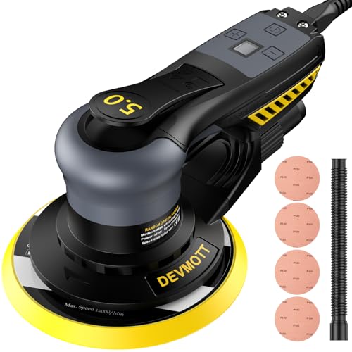 DEVMOTT Random Orbital Sanders 5.0mm, 360W Brushless Motor Electric Orbital Sander with 150mm/6IN Backing Plate, 6 Variable Speed to 10000RPM, Hand Sander for Wood Sanding