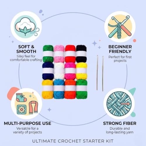 Image of 12 Color Wool Oon Yarn Balls Set with 2 Crochet Kroshiya Hooks | Soft Knitting Wool Yarn Kit for DIY Crafts, Crochet, Weaving & Beginners | Multicolor Craft Yarn for Art, Decoration & Hobby Use