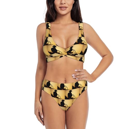 Traje de baño de 2 piezas con silueta de vaquero con lazo cruzado sobre la parte delantera con copa suave, elegante conjunto de playa, Negro, XXL