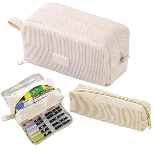 Guidre Federmäppchen Cord-Stoff,Federtaschen Mäppchen mit 3 Fächer Schulmäppchen Große,praktischem Reißverschluss und Kleines Federmäppchen,mäppchen Aesthetic für Teenager Schule,Büro (Beige)