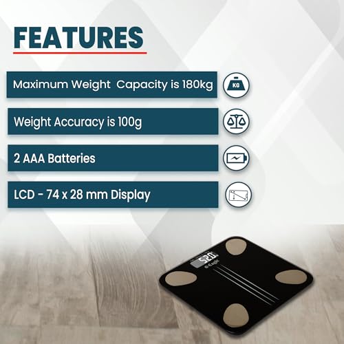 Image of Eagle Bluetooth Weighing Scale for Body Weight with 180kg Capacity, Accuracy 100g, BMI Digital Weight Machine with Body Fat Analyzer & Body Composition Monitor Sync with Mobile App (Black)